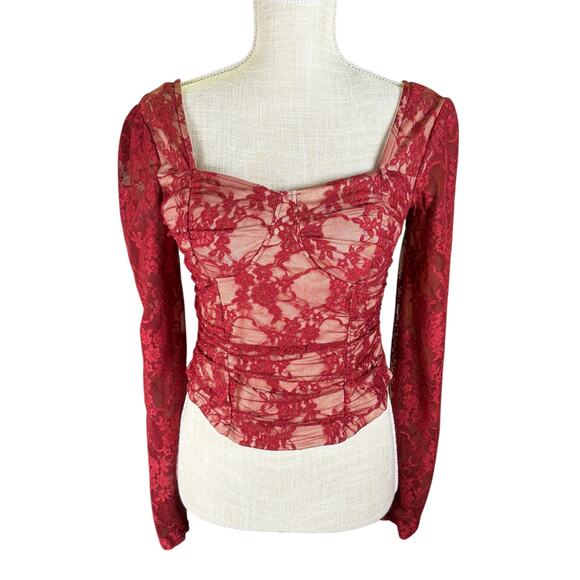 Cropped Sheer Lace Corset Top Womens M Burgundy Fairy Grunge Coquette Whimsygoth - Picture 2 of 8